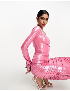 ASOS DESIGN - Vestito midi con scollo sul retro arricciato rosa metallizzato