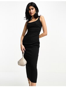 ASOS DESIGN - Vestito midi con spalline sottili nero con dettaglio drappeggiato arricciato e scollo squadrato