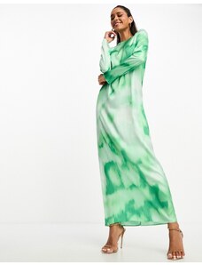 ASOS DESIGN - Vestito lungo a colonna in raso verde con stampa effetto marmo-Multicolore