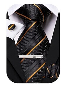 Hi-Tie Cravatte classiche da uomo in seta, set da 4 pezzi, con gemelli quadrati e clip a striscia in tinta unita, motivo cachemire, Striscia nera e oro, M