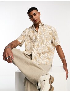Selected Homme - Camicia a maniche corte in misto lino bianca con stampa di palme-Bianco