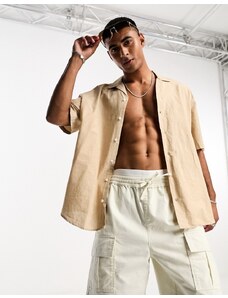 Selected Homme - Camicia a maniche corte con rever in misto lino beige-Neutro