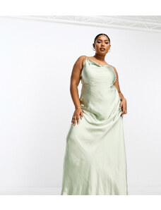 Pretty Lavish Curve - Keisha - Vestito lungo da damigella in raso verde salvia con scollo ad anello