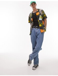Topman - Camicia a maniche corte comoda con rever nera con stampa di frutta-Multicolore