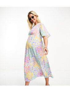 Influence Maternity - Vestito da giorno midi in tonalità pastello a fiori con maniche con volant-Blu