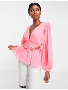 ASOS DESIGN - Blusa trasparente con vita a pieghe e cut-out sul retro rosa fluo