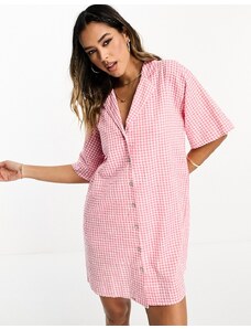 ASOS DESIGN - Vestito camicia corto stile bowling in seersucker rosa a quadretti in coordinato-Multicolore