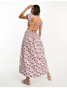 ASOS DESIGN - Vestito milkmaid midi con busto arricciato e apertura con laccio sul retro con stampa a fiori vivaci-Multicolore