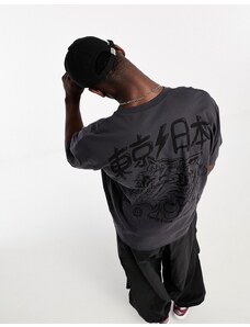 ASOS DESIGN - T-shirt oversize nero slavato con stampa "Tokyo Tiger" sul davanti e sul retro