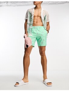 Hollister - Guard - Pantaloncini da bagno da 7" verde menta con stampa di fenicotteri e logo