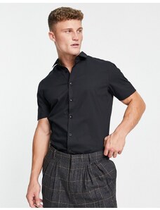 Topman - Camicia elegante a maniche corte elasticizzata, colore nero