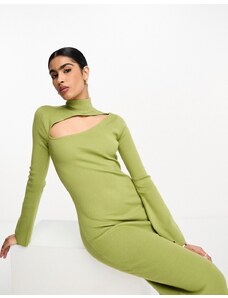 Pretty Lavish - Vestito accollato in maglia verde oliva con spacco e gonna al polpaccio