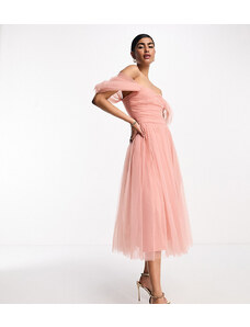 Lace & Beads - Vestito midi da damigella color cipria con spalle scoperte-Rosa