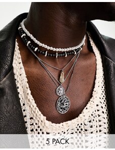 ASOS DESIGN - Confezione da 5 collane miste con perle sintetiche e pendente ovale con drago-Multicolore
