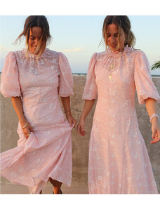 Labelrail x Collyer Twins - Vestito lungo al polpaccio accollato rosa pallido con ricamo trasparente