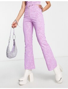 Zemeta - Pantaloni a zampa a vita alta con zip sul davanti in camoscio sintetico viola effetto coccodrillo in coordinato