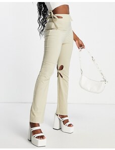 Zemeta - Pantaloni a zampa a vita alta color crema con cut-out allacciati in vita-Neutro