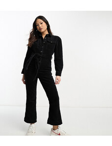 Don't Think Twice DTT Petite - Flora - Tuta jumpsuit in velluto a coste nera a fondo ampio con cintura-Black