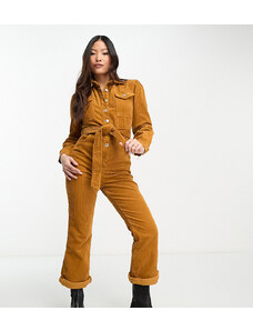 Don't Think Twice DTT Petite - Flora - Tuta jumpsuit in velluto a coste color cuoio a fondo ampio con cintura-Brown