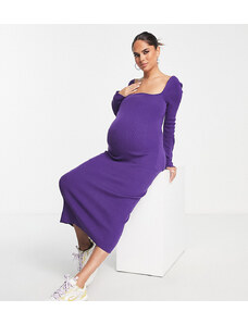 The Frolic Maternity - Vestito midi viola intenso a coste con scollo arrotondato