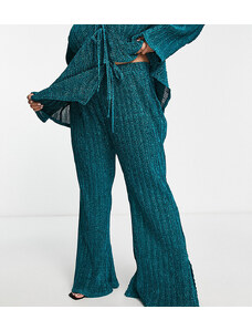 QED London Plus - Pantaloni plissé a zampa verde azzurro glitterato in coordinato-Blu