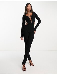Missyempire - Tuta jumpsuit in maglia aperta sul retro nera-Black