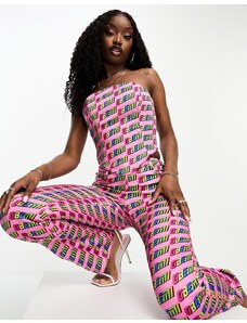 Gbemi - Top a corsetto a fascia in raso rosa con stampa del logo in coordinato-Multicolore