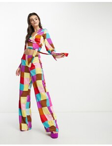 Something New - Pantaloni a fondo ampio con stampa a quadri multicolore in coordinato