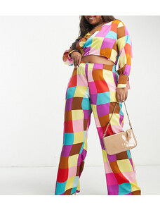 Something New Curve - Pantaloni a fondo ampio con stampa a quadri multicolore in coordinato