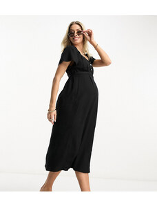 Vero Moda Maternity - Vestito midi nero in misto lino con maniche con volant-Black