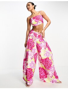 Something New - Pantaloni ampi fluo con stampa di rose e pieghe sul davanti in coordinato-Multicolore