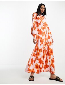 Selected Femme - Vestito camicia lungo a fiori vivaci arancioni-Bianco