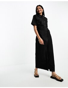 Selected Femme - Vestito lungo stile camicia nero con cuciture a contrasto e arricciatura sul lato