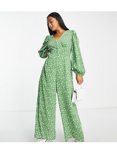 Glamorous Petite - Tuta jumpsuit verde con stampa di margherite con scollo a V e bottoni sul davanti