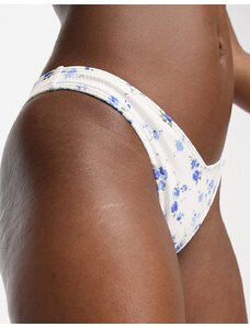 Hollister - Slip bikini sgambati a V davanti bianchi a fiori blu in coordinato-Bianco