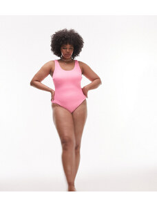 Topshop Curve - Costume da bagno rosa con scollo rotondo sul retro