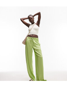 Topshop Tall - Pantaloni a fondo ampio in raso verde lime con vita a pieghe in coordinato
