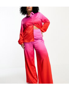 Flounce London Plus - Pantaloni da abito a fondo ampio sfumati rosa e rosso a pieghe-Multicolore