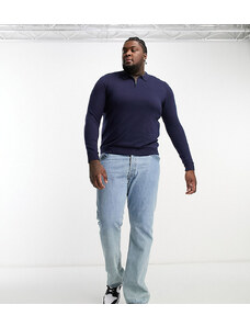 Threadbare Plus - Polo a maniche lunghe in maglia di cotone blu navy con zip corta