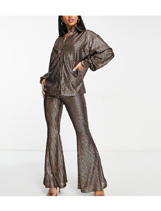 Glamorous Petite - Pantaloni a zampa con vita alta marrone opaco con paillettes in coordinato-Multicolore
