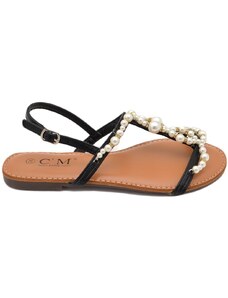 Malu Shoes Sandalo basso positano donna nero fascette con perle dettagli oro cinturino alla caviglia antiscivolo basic