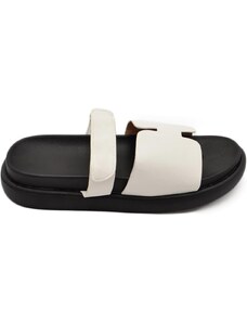 Malu Shoes Pantofole ciabatte donna bianco platform zeppa nera con fascia e fibbia strappo regolabile su dorso comodo