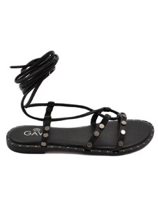 Malu Shoes Sandalo basso Positano nero alla schiava con fascette sottili borchie argento allacciate moda estate