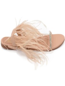Malu Shoes Pantofoline allacciata alla caviglia donna piume peluche con applicazioni beige nude fascetta strass moda glamour