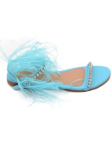 Malu Shoes Pantofoline allacciata alla caviglia donna piume peluche con applicazioni azzurro cielo fascetta strass moda glamour