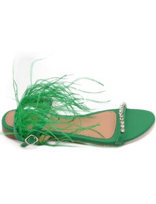 Malu Shoes Pantofoline allacciata alla caviglia donna piume peluche con applicazioni verde bosco fascetta strass moda glamour