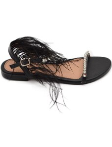 Malu Shoes Pantofoline allacciata alla caviglia donna piume peluche con applicazioni nero fascetta strass moda glamour