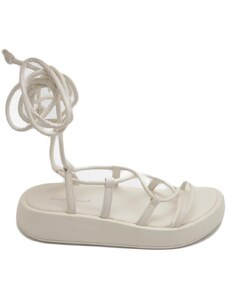 Malu Shoes Sandali donna bianco con platform zeppa con fasce sottili incrociate e lacci alla schiava al polpaccio moda