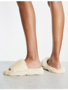 Loungeable - Pantofole stile sliders color crema super soffici-Bianco