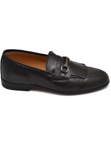 Malu Shoes Scarpe uomo mocassino in vera pelle nappa nero morsetto argento frange suola in gomma pantofola elegante